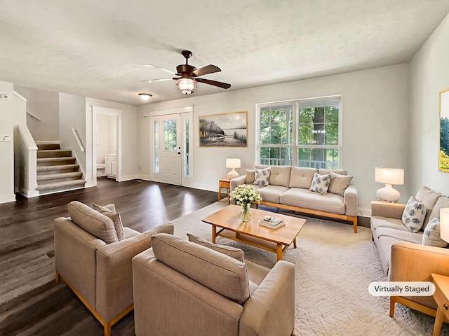 7203 Chester Rd, Fairview, TN 37062 - living room with stairway, dark wood finished floors, and ceiling fan