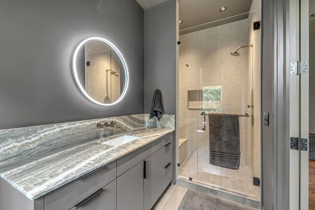 8005 Backwoods Dr, College Grove, TN 37046 - bathroom with vanity, a shower stall, and recessed lighting