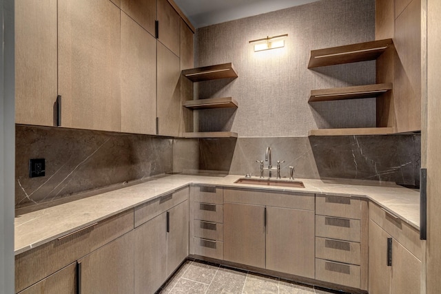 8005 Backwoods Dr, College Grove, TN 37046 - kitchen with open shelves, decorative backsplash, and light countertops