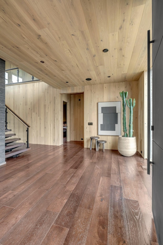 8005 Backwoods Dr, College Grove, TN 37046 - living room with hardwood / wood-style floors, wooden ceiling, stairs, and wood walls