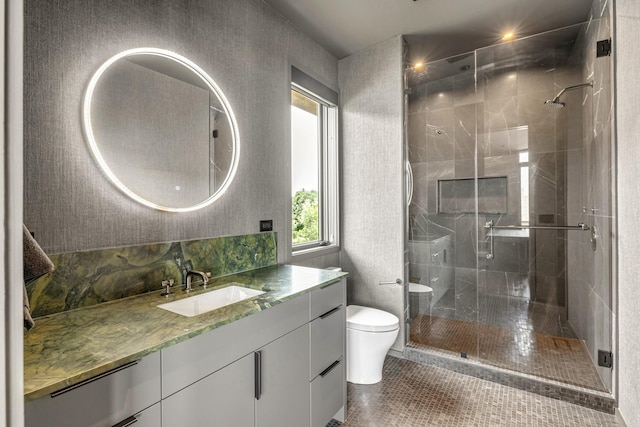 8005 Backwoods Dr, College Grove, TN 37046 - bathroom featuring vanity, a shower stall, and tile patterned floors