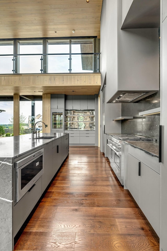 8005 Backwoods Dr, College Grove, TN 37046 - kitchen featuring stainless steel appliances, plenty of natural light, dark wood-type flooring, modern cabinets, and a towering ceiling
