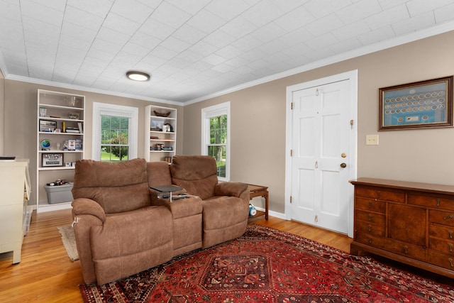 3502 Kellys Ferry Rd, Chattanooga, TN 37419 - living area featuring crown molding, light wood-type flooring, and built in shelves