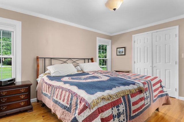 3502 Kellys Ferry Rd, Chattanooga, TN 37419 - bedroom with light wood-style flooring, multiple windows, crown molding, and a closet