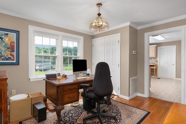 3502 Kellys Ferry Rd, Chattanooga, TN 37419 - home office with a chandelier, crown molding, and light wood-style floors