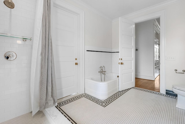 1504 Sweetbriar Ave, Nashville, TN 37212 - bathroom with tiled shower, a bath, and ornamental molding