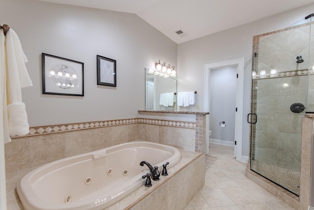 55B Oasis Ln, Savannah, TN 38372 - bathroom featuring a tub with jets, a shower stall, tile patterned floors, vaulted ceiling, and a chandelier