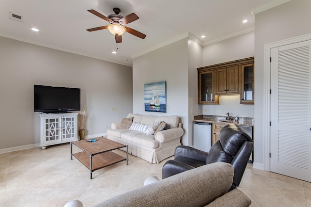 55B Oasis Ln, Savannah, TN 38372 - living room featuring ornamental molding, a ceiling fan, light tile patterned flooring, recessed lighting, and bar area