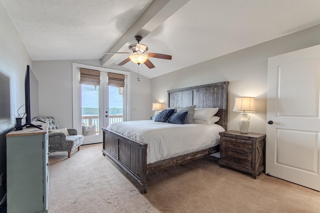 55B Oasis Ln, Savannah, TN 38372 - bedroom with light carpet, access to outside, french doors, ceiling fan, and a textured ceiling