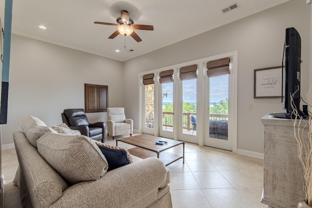 55B Oasis Ln, Savannah, TN 38372 - living area featuring a ceiling fan, crown molding, light tile patterned flooring, and recessed lighting