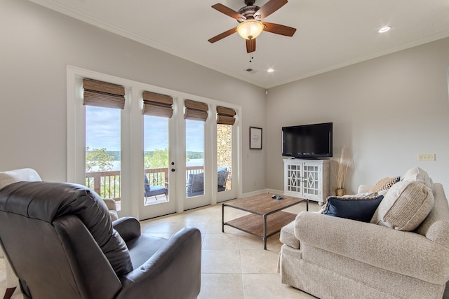55B Oasis Ln, Savannah, TN 38372 - living area featuring light tile patterned floors, a ceiling fan, ornamental molding, and recessed lighting