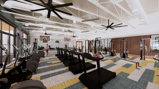 424 Sharp Way, Murfreesboro, TN 37128 - exercise room featuring a ceiling fan, carpet, and a high ceiling