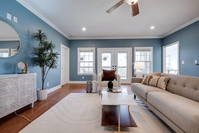 264 Firetower Rd, Dickson, TN 37055 - living room featuring a ceiling fan, wood finished floors, crown molding, recessed lighting, and french doors