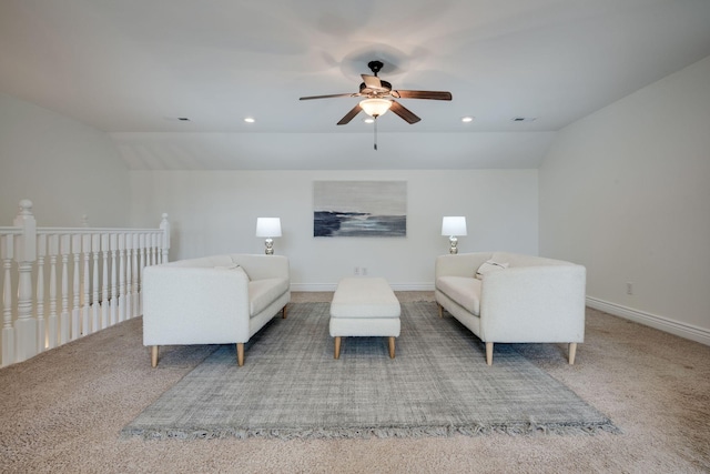 264 Firetower Rd, Dickson, TN 37055 - living area featuring ceiling fan, carpet, vaulted ceiling, and recessed lighting