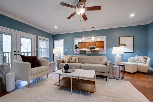 264 Firetower Rd, Dickson, TN 37055 - living room featuring french doors, ceiling fan, light wood finished floors, ornamental molding, and recessed lighting