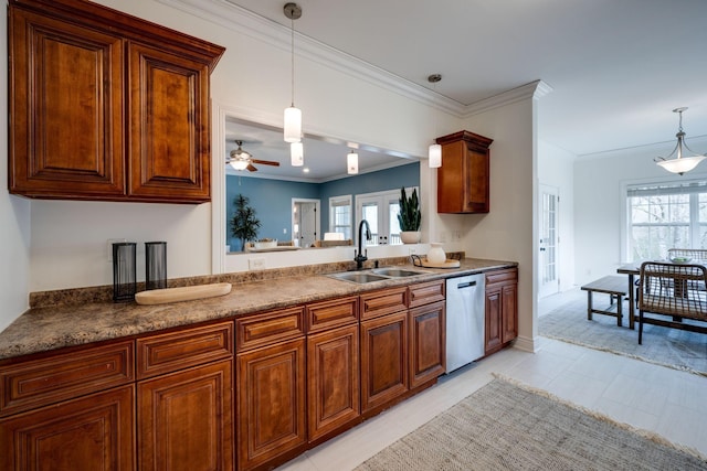 264 Firetower Rd, Dickson, TN 37055 - kitchen with dishwasher, ceiling fan, ornamental molding, hanging light fixtures, and brown cabinetry