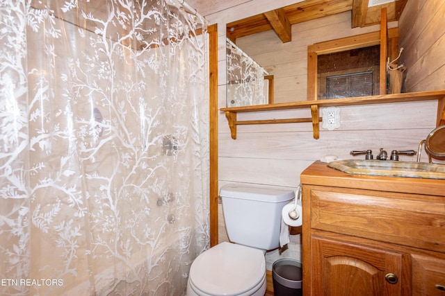 311 Domar Dr, Townsend, TN 37882 - bathroom featuring wood walls, vanity, and a shower with curtain