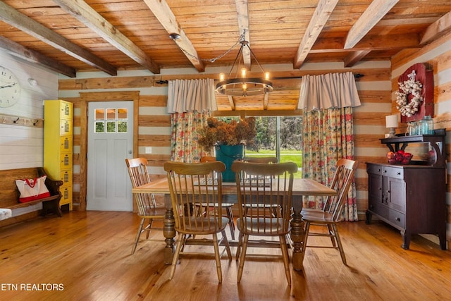 7539 W Old Highway 73, Townsend, TN 37882 - dining room featuring wooden walls, a wooden ceiling with exposed beams, a chandelier, and hardwood / wood-style flooring