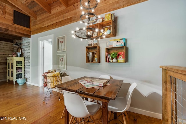 7539 W Old Highway 73, Townsend, TN 37882 - dining room featuring wood finished floors, a wood ceiling with exposed beams, and a chandelier