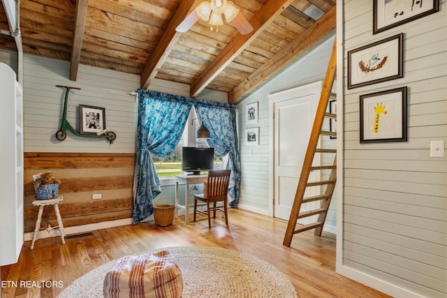 7539 W Old Highway 73, Townsend, TN 37882 - sitting room with wood walls, wood ceiling, light wood-type flooring, stairway, and ceiling fan