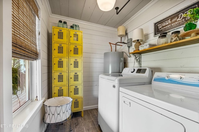 7539 W Old Highway 73, Townsend, TN 37882 - washroom with water heater, wooden walls, washer and clothes dryer, dark wood-type flooring, and wooden ceiling