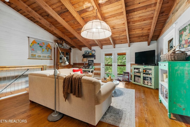 7539 W Old Highway 73, Townsend, TN 37882 - living area with wooden ceiling, hardwood / wood-style flooring, wood walls, and french doors