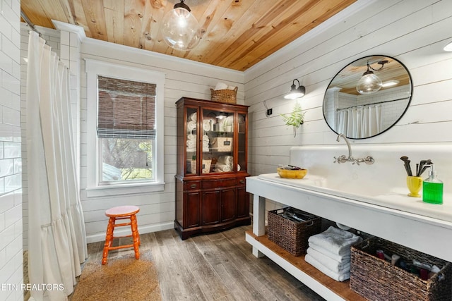 7539 W Old Highway 73, Townsend, TN 37882 - interior space featuring wooden walls, wood ceiling, wood finished floors, and a shower with curtain