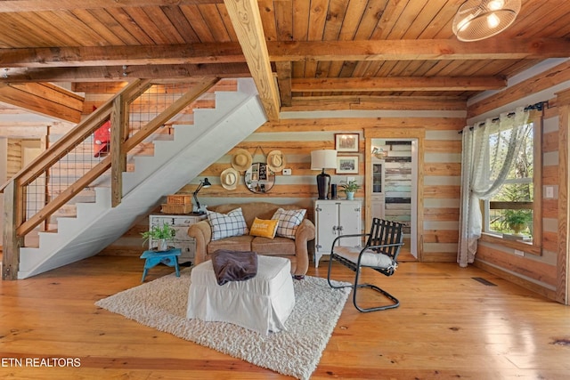 7539 W Old Highway 73, Townsend, TN 37882 - living room with a wood ceiling with exposed beams, stairs, wood walls, and hardwood / wood-style floors