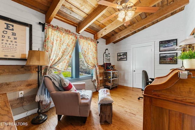 7539 W Old Highway 73, Townsend, TN 37882 - living area featuring wooden ceiling, wood-type flooring, wooden walls, and a ceiling fan