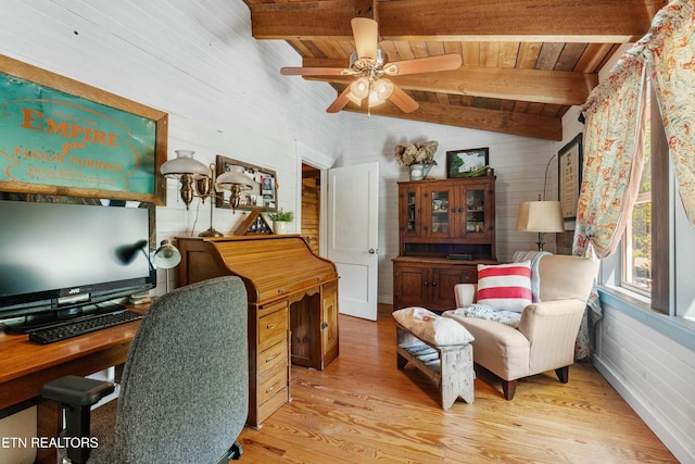7539 W Old Highway 73, Townsend, TN 37882 - office space with wood ceiling, light wood-type flooring, a ceiling fan, and wooden walls