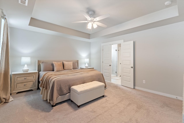1081 Pebble Run Rd, Hendersonville, TN 37075 - bedroom with a raised ceiling, light carpet, a ceiling fan, and ensuite bathroom