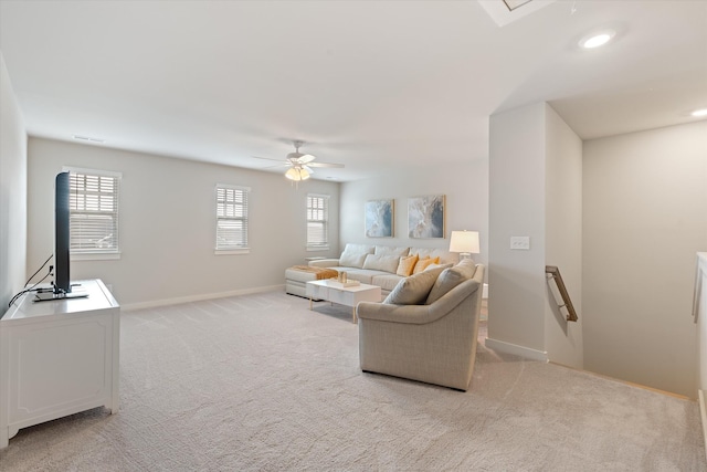 1081 Pebble Run Rd, Hendersonville, TN 37075 - living room featuring light colored carpet, ceiling fan, and recessed lighting