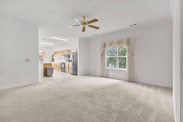 219 Wyndom Ct, Goodlettsville, TN 37072 - unfurnished living room featuring a ceiling fan, crown molding, and light colored carpet