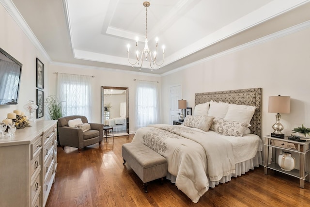 513 Barrington Dr, Franklin, TN 37067 - bedroom with a chandelier, dark wood-style flooring, a tray ceiling, and crown molding