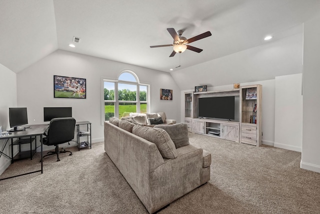 4049 Sadie Grace Way NW, Clarksville, TN 37042 - living area with lofted ceiling, carpet, a ceiling fan, recessed lighting, and an office area