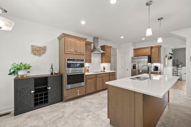 4049 Sadie Grace Way NW, Clarksville, TN 37042 - kitchen featuring wall chimney exhaust hood, stainless steel appliances, hanging light fixtures, brown cabinets, and recessed lighting