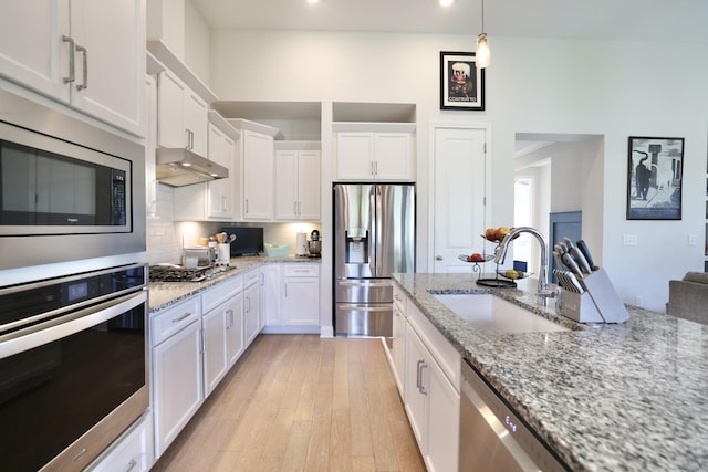 511 Oakvale Ln, Mount Juliet, TN 37122 - kitchen with stainless steel appliances, under cabinet range hood, white cabinets, light wood-style floors, and light stone counters