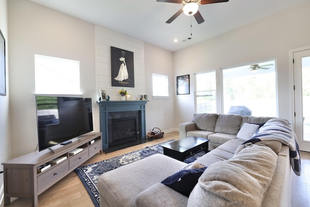 511 Oakvale Ln, Mount Juliet, TN 37122 - living room with ceiling fan, wood finished floors, a fireplace, and recessed lighting