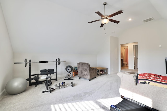 511 Oakvale Ln, Mount Juliet, TN 37122 - workout area featuring lofted ceiling, ceiling fan, and carpet floors