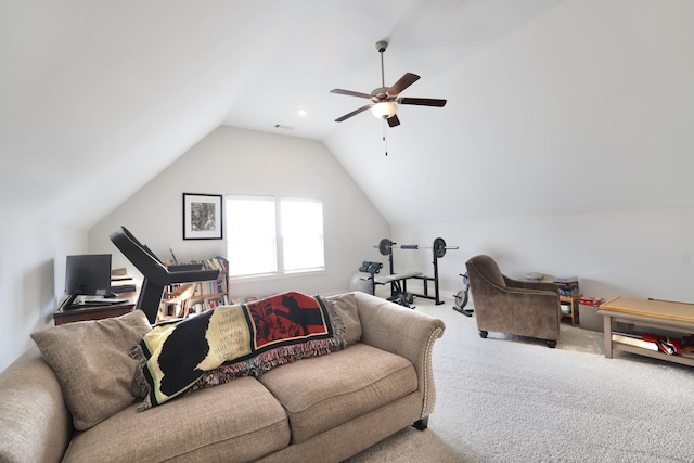 511 Oakvale Ln, Mount Juliet, TN 37122 - living area with carpet floors, vaulted ceiling, and a ceiling fan
