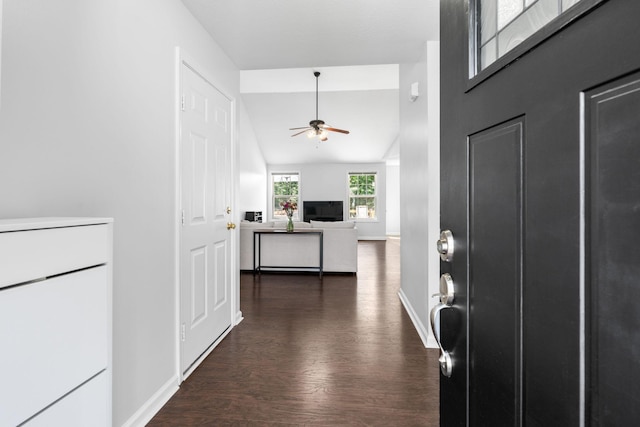 508 Oakmont Dr, Clarksville, TN 37042 - foyer entrance with ceiling fan, dark wood-style flooring, and vaulted ceiling
