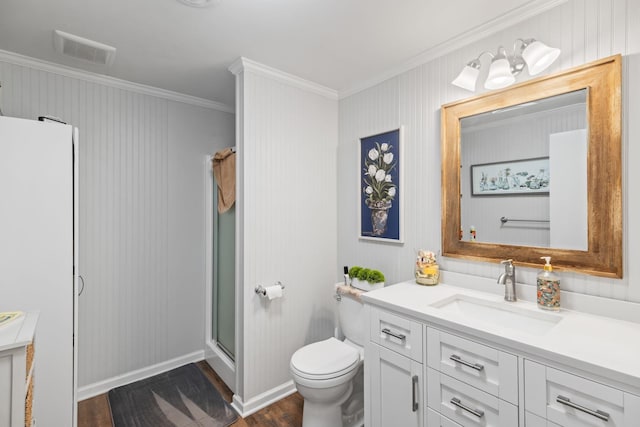 1400 Manor Rd, Columbia, TN 38401 - bathroom featuring ornamental molding, wood finished floors, vanity, and a shower stall