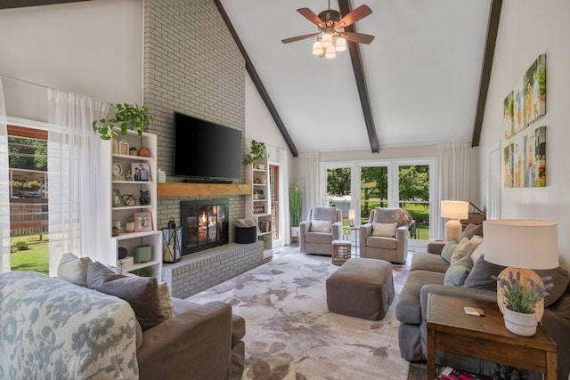 1400 Manor Rd, Columbia, TN 38401 - carpeted living area with a fireplace, beam ceiling, ceiling fan, and high vaulted ceiling