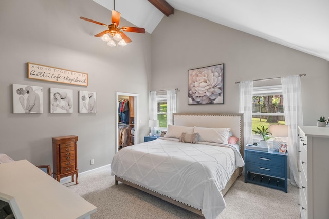 1400 Manor Rd, Columbia, TN 38401 - bedroom featuring light colored carpet, beamed ceiling, a walk in closet, multiple windows, and high vaulted ceiling