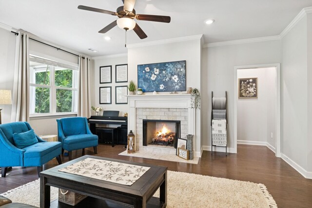 2717 Cloister Ln, Thompsons Station, TN 37179 - living room with wood finished floors, ornamental molding, a brick fireplace, a ceiling fan, and recessed lighting