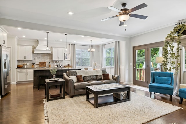 2717 Cloister Ln, Thompsons Station, TN 37179 - living room featuring hardwood / wood-style flooring, ceiling fan, crown molding, a chandelier, and recessed lighting