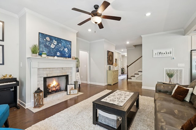 2717 Cloister Ln, Thompsons Station, TN 37179 - living room featuring stairs, wood finished floors, a ceiling fan, crown molding, and recessed lighting