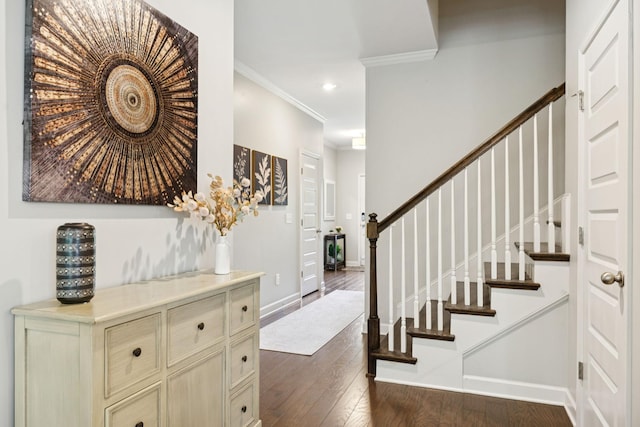 2717 Cloister Ln, Thompsons Station, TN 37179 - entryway featuring ornamental molding, dark wood-style flooring, stairs, and recessed lighting
