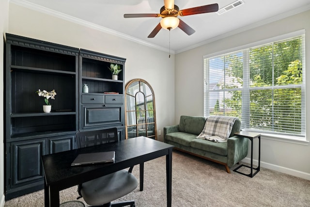 2717 Cloister Ln, Thompsons Station, TN 37179 - office area featuring light colored carpet, a ceiling fan, and ornamental molding
