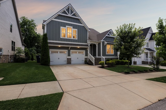 2717 Cloister Ln, Thompsons Station, TN 37179 - craftsman house with board and batten siding, stone siding, a garage, a front lawn, and driveway